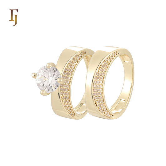 Geometric double white CZs paved 14K Gold, Rose Gold Wedding Set Rings Engagement and Band