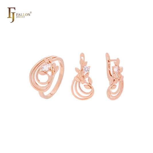 Conjunto de joias com anéis e três fileiras de galhos e folhas em ouro rosa com zircônia cúbica branca