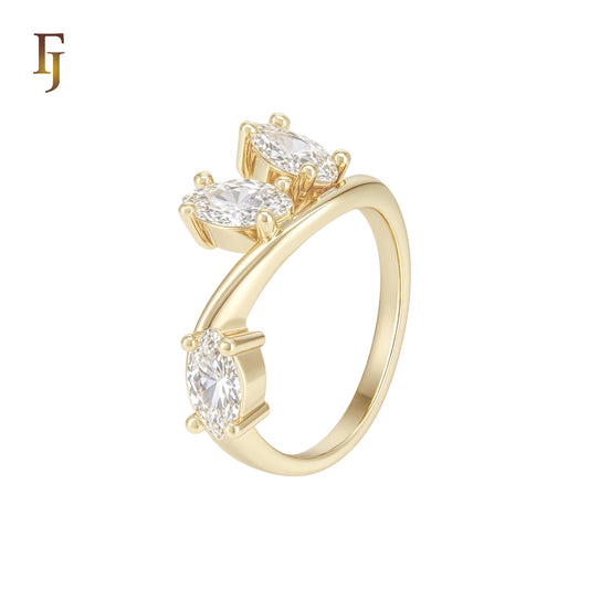 Triple white CZs cluster 14K Gold Fashion Rings
