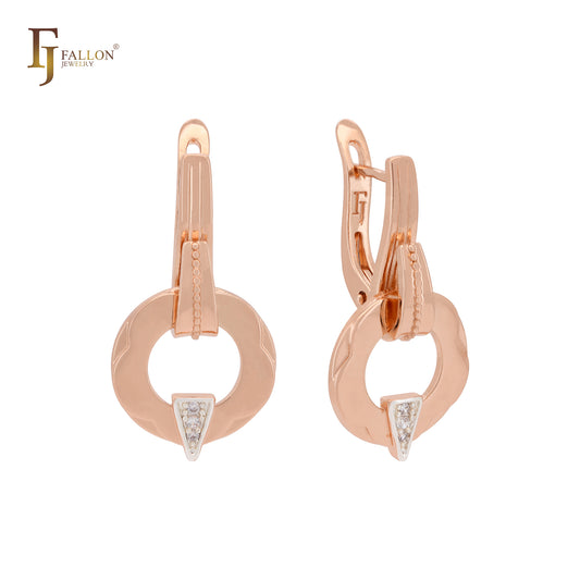 Drop circle lock with white CZs Rose Gold two tone Russian Lock Earrings