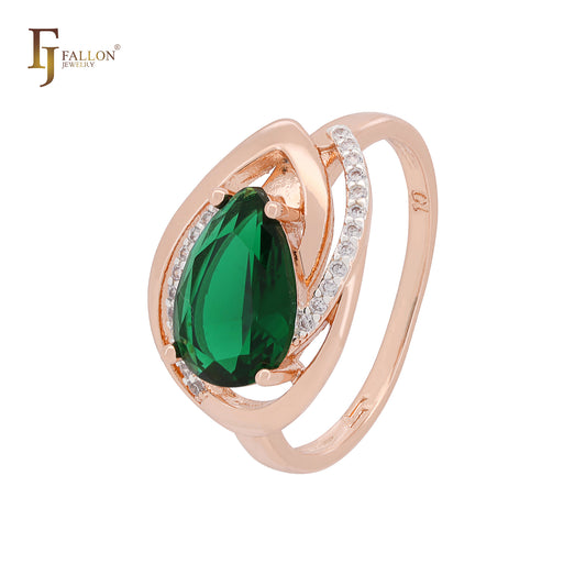 Double teardrop shaped leaves of white CZ solitaire CZ Rose Gold two tone Fashion Rings