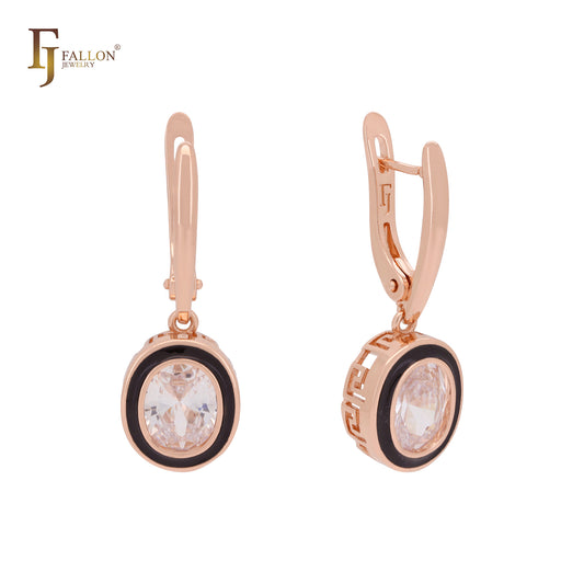 Oval solitaire white CZs black circled Rose Gold Russian Lock Earrings