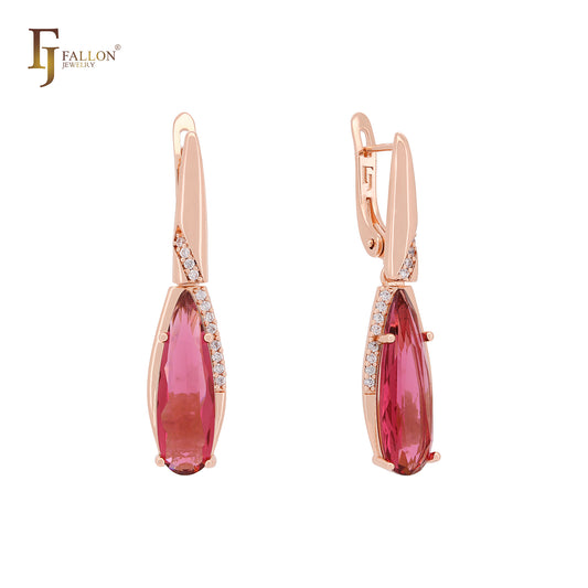 Oval teardrop tall CZ Rose Gold Russian Lock Earrings