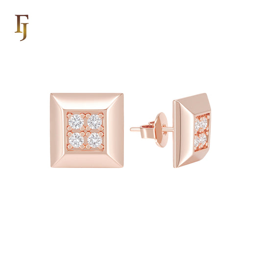 Squared Geometric of four white CZs Rose Gold Stud Earrings