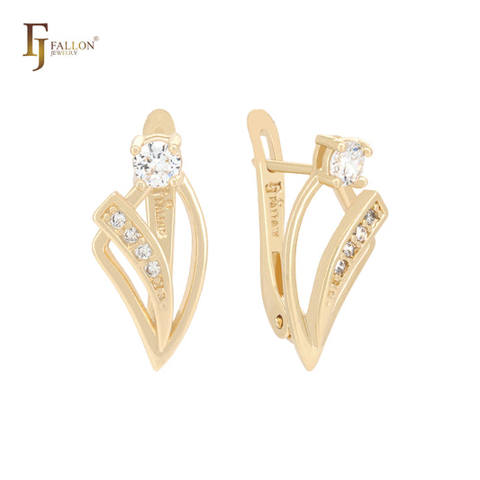 Teeth shaped Colorful CZs mixed geometric 14K Gold Russian Lock Earrings