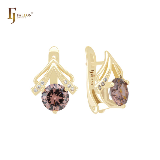 Solitaire Rounded Coffee CZ 14K Gold Russian Lock Earrings