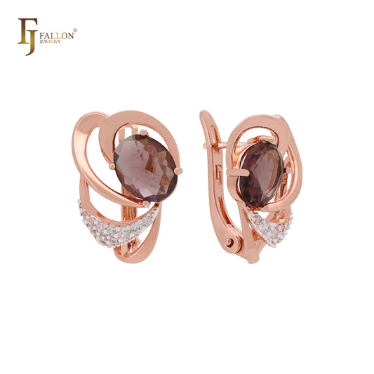 Solitaire oval cz paved with white czs Rose Gold two tone Russian Lock Earrings