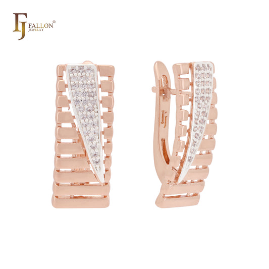 Shutters of Jalousie with white CZs Rose Gold two tone Russian Lock Earrings