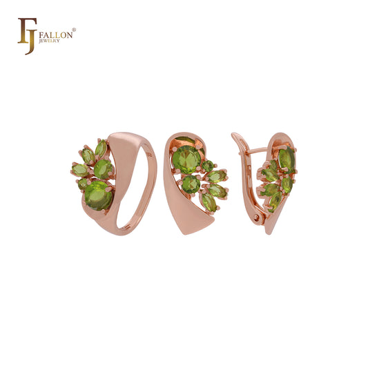 Conjunto de joyas de oro rosa con anillos y un lujoso conjunto de circonitas cúbicas de colores