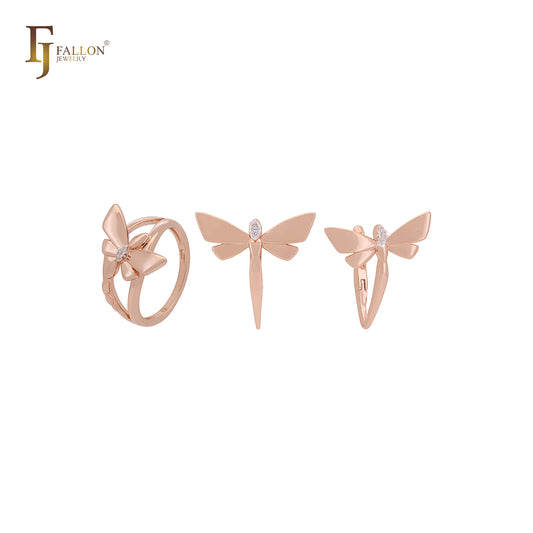 Conjunto de joias de ouro rosa com zircônia cúbica e anéis solitários de libélula