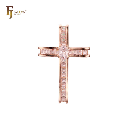 Baguette Cut Cluster white CZs Rose Gold, 14K Gold Latin Cross Pendant