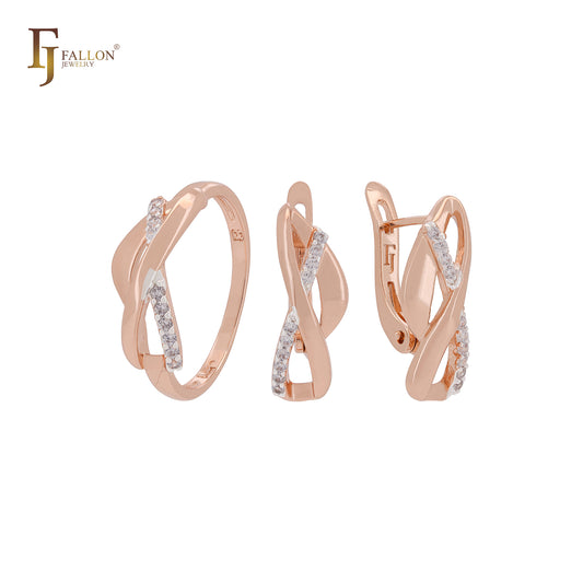 Conjunto de joyas de dos tonos en oro rosa con anillos y lazo cruzado de circonitas blancas