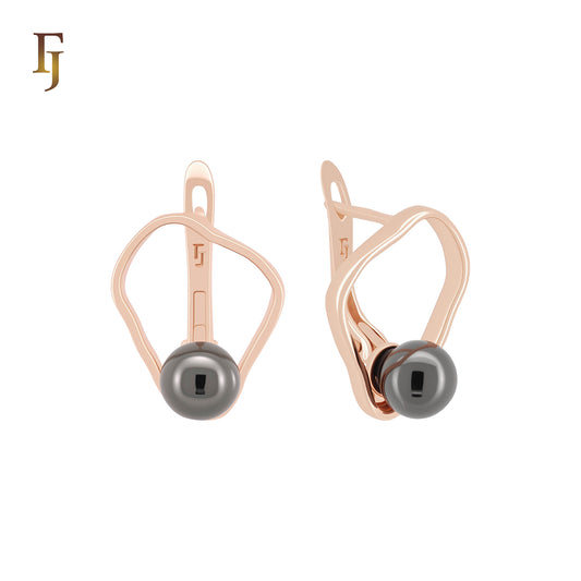 Geometric Wire on a Black Pearl Rose Gold Russian Lock Earrings