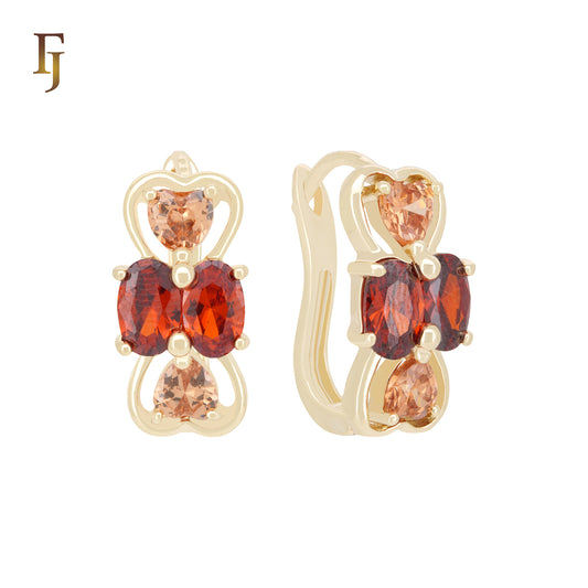 Gemstone Russian Lock Earrings in Red-Orange – 8×16mm Heart and Oval Design by FJ Jewelry