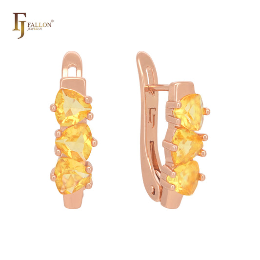 Triple Champagne Orange Yellow Triangular CZs Rose Gold Russian Lock Earrings