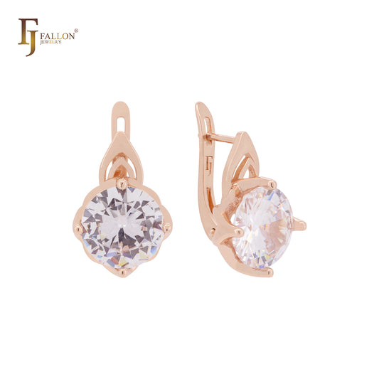 Big Solitaire Round cut white CZ Rose Gold Russian Lock Earrings
