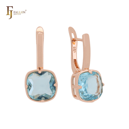 Cushion cut lake blue CZ solitaire Rose Gold Russian Lock Earrings