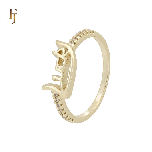 Gold Plated 'Luck' Letter Ring | 7mm Dainty CZ Band | Good Luck Jewelry by FJ Jewelry