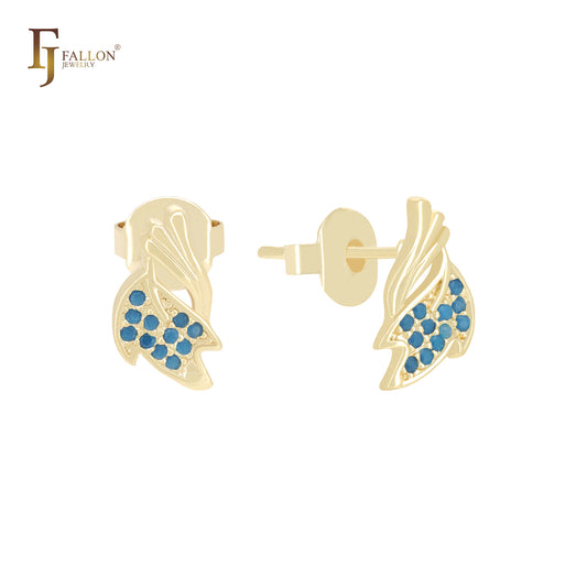 Pendientes de oro de 14 quilates con circonitas blancas y hojas en forma de rama