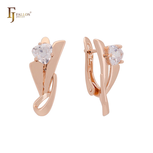 Triangular Solitaire White CZ Rose Gold Russian Lock Earrings