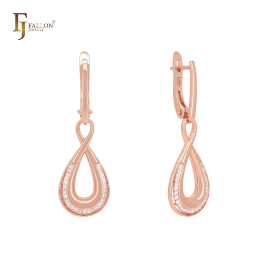 Great Teardrop white CZs Geometric Rose Gold Russian Lock Earrings