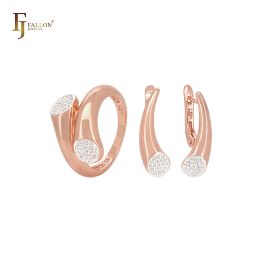 Conjunto de joias minimalistas em ouro rosa com chifre de zircônias cúbicas brancas e anéis