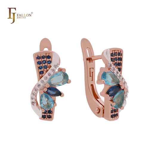 Cluster mixed blue CZs Rose Gold Russian Lock Earrings