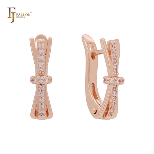 Cluster white CZs knot Rose Gold Russian Lock Earrings