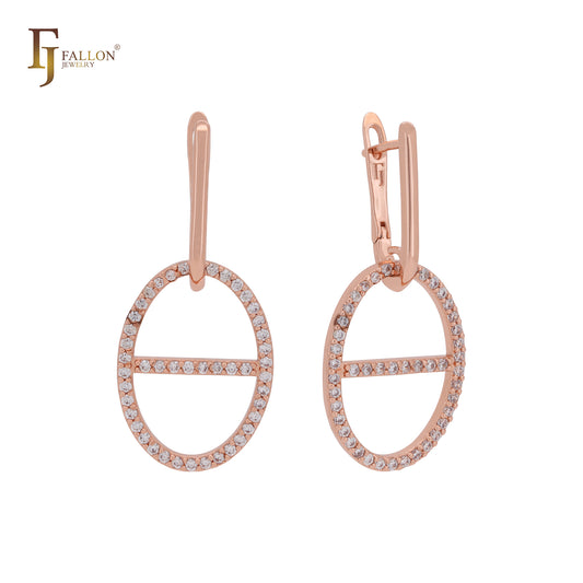 Mariner shape link with white CZs Rose Gold Russian Lock Earrings