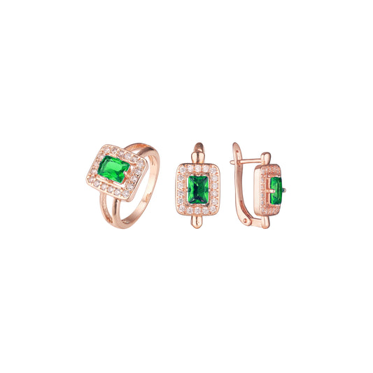 .Emerald corte piedra Halo pavimentado blanco cz anillos conjunto de joyas de oro rosa