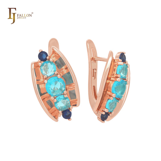 Open shell including five mixed blue CZs Rose Gold Russian Lock Earrings