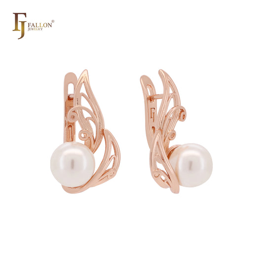 Flying leaves of filigree of pearl Rose Gold Russian Lock Earrings