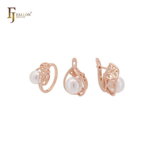 Conjunto de joias de ouro rosa com pérolas de malha fechada e anéis