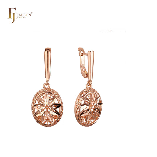 Drop Oval Flower of Filigree Rose Gold Russian Lock Earrings