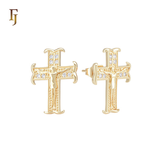 Christian Catholic Crucifix Cross 14K Gold Stud Earrings