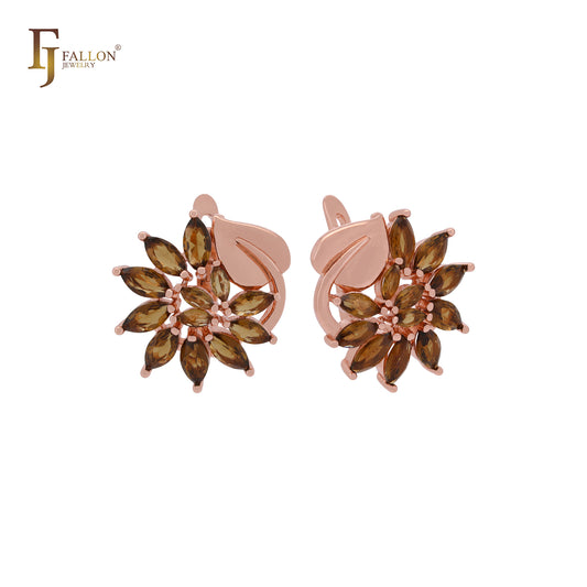 Luxurious thousand cluster Marquise Coffee CZs Rose Gold Russian Lock Earrings