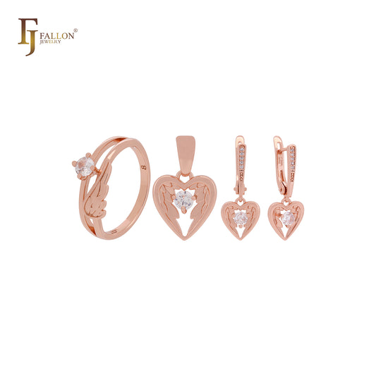 Conjunto de joias em ouro rosa com zircônia cúbica branca e anéis em formato de asa de anjo com coração