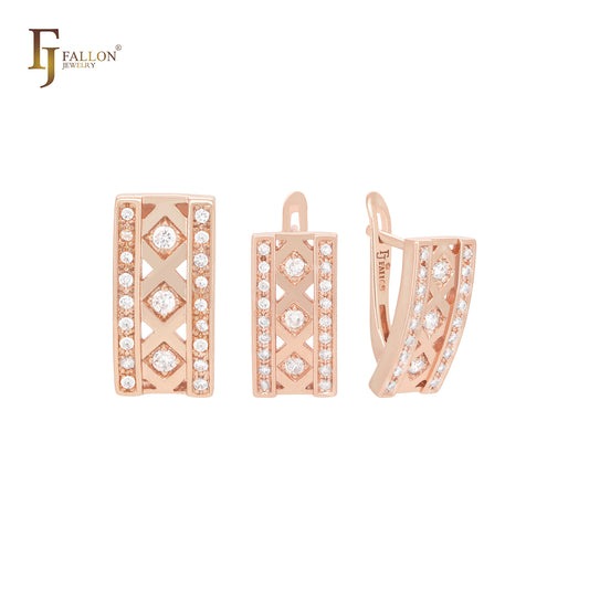 Conjunto de joyas de oro rosa con circonitas blancas cuadradas y colgante