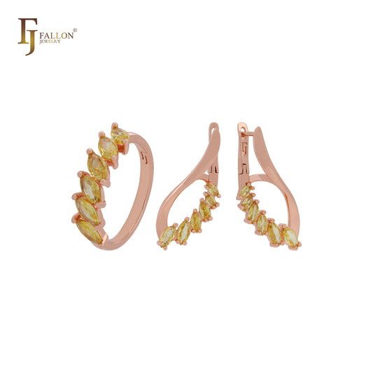 Conjunto de joias em ouro rosa com zircônias cúbicas amarelas oliva e marquise paralela