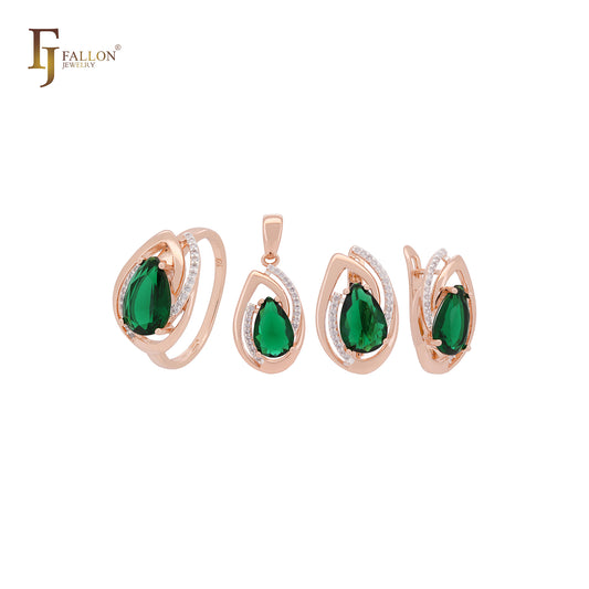 Conjunto de joyas de dos tonos de oro rosa con solitario de circonita cúbica blanca y hojas en forma de lágrima dobles con anillos y colgante.