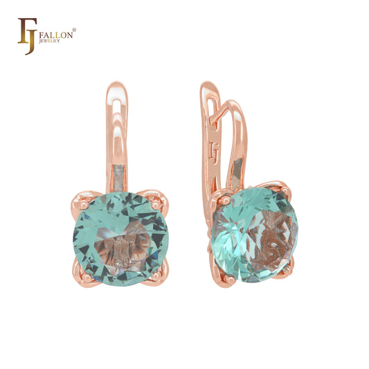 Elegant minimalism rounded solitaire clawed apple green CZ Rose Gold Russian Lock Earrings