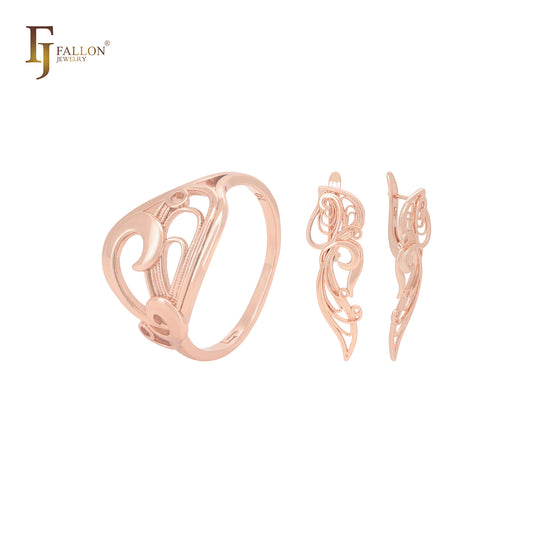 Conjunto elegante de joias de ouro rosa com filigrana trançada e anéis