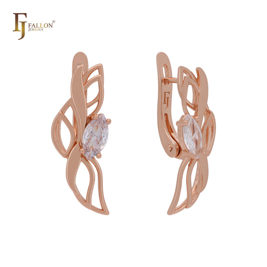 Elegant leaves flowers of solitaire White CZ Rose Gold Russian Lock Earrings