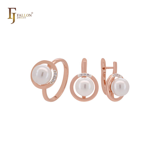 Conjunto de joyas de oro rosa con perla circular y circonitas blancas y anillos