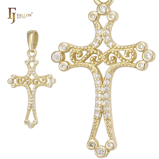 Fancy white CZs cluster 14k Gold Latin Style Cross Pendant