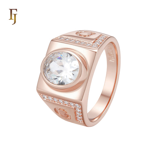 Oval white CZs Solitaire Rose Gold signet Men's Rings