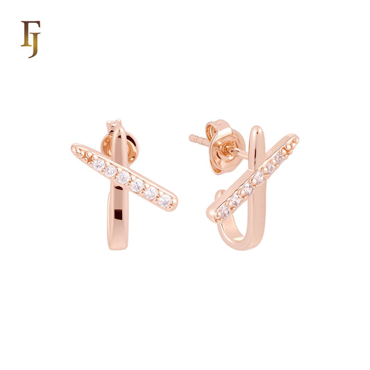 Shape of J crossing white Czs paved 14K Gold, Rose Gold Stud Earrings