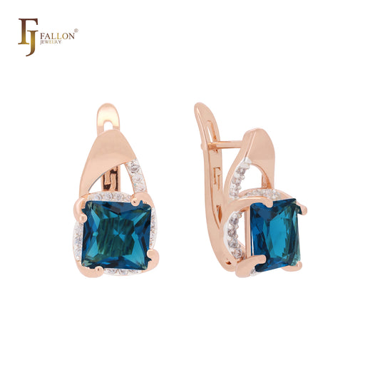 Squared Emerald CZ Rose Gold two tone Russian Lock Earrings