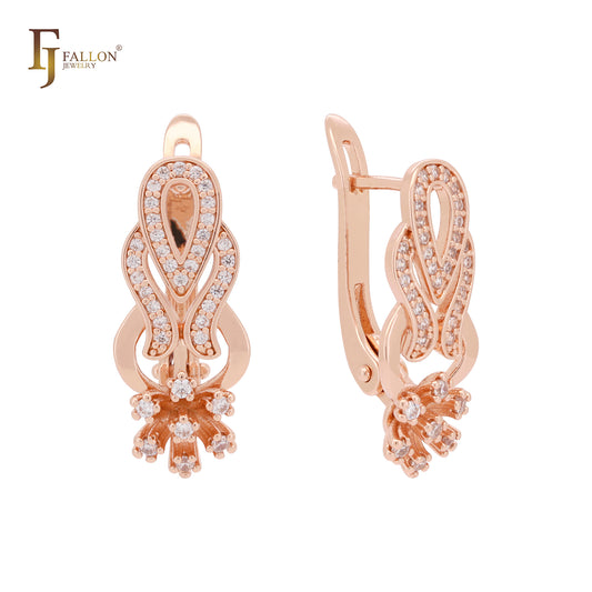 Pendientes de oro rosa con flor en forma de lágrima y circonitas blancas en racimo