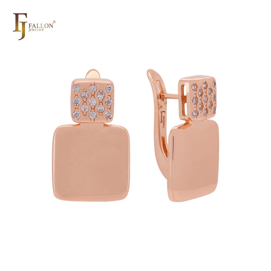 Double squared lock of white CZs geometric Rose Gold Russian Lock Earrings